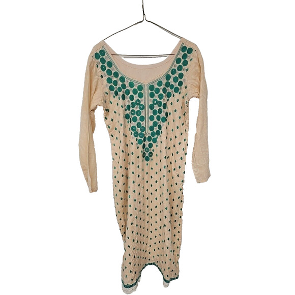 Vintage Cultural Kurta Sheath Floral Pink Green Sheath Indian Dress Sz Small - Picture 1 of 10